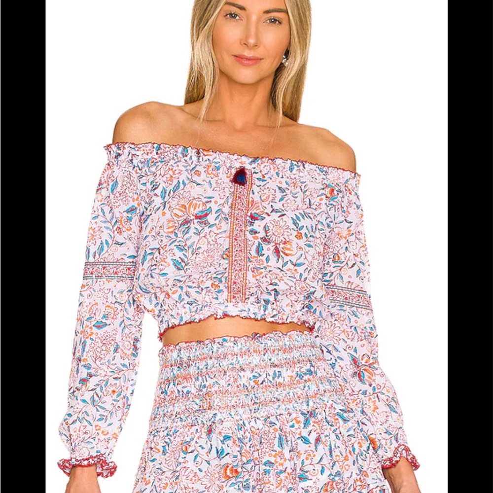 NWT Poupette St Barth Nana Floral Off-Shoulder Long Sleeve Crop Top Small Resort